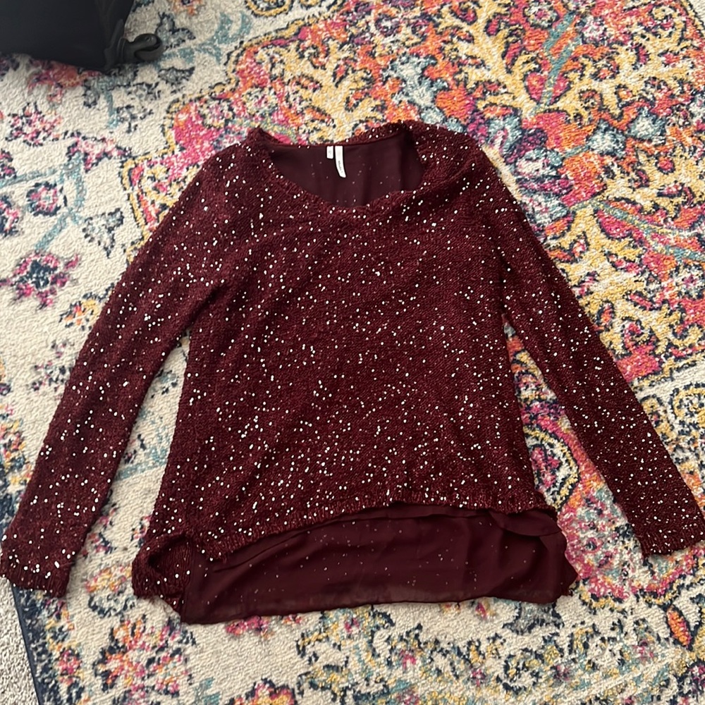 Maroon long sleeve sequins shirt, size L